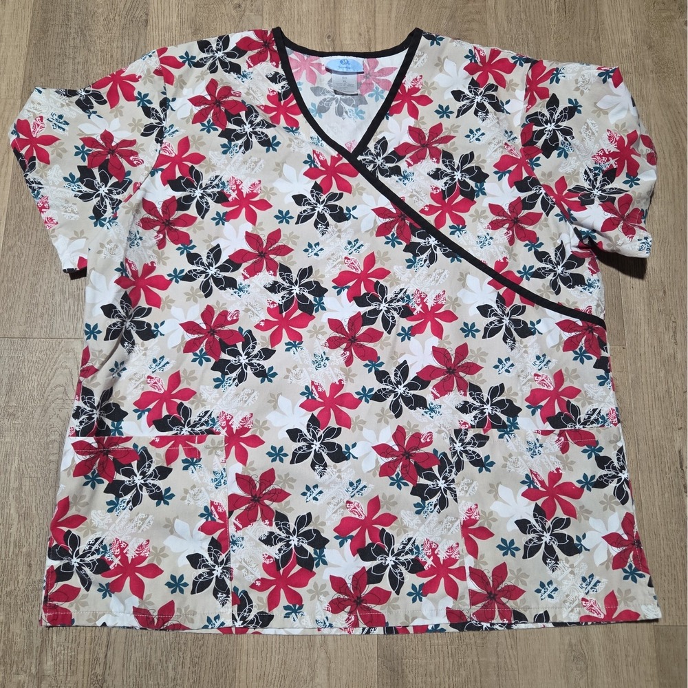 SB Scrubs Women's XL Floral Faux Wrap Scrub Top Red Black Teal Pockets Holiday